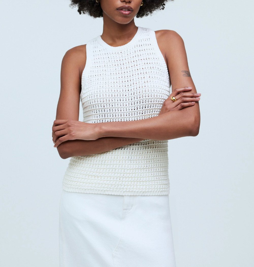 Madewell Crochet Knit Crewneck Sweater Tank Cotton Vest Bright Ivory XS NWT